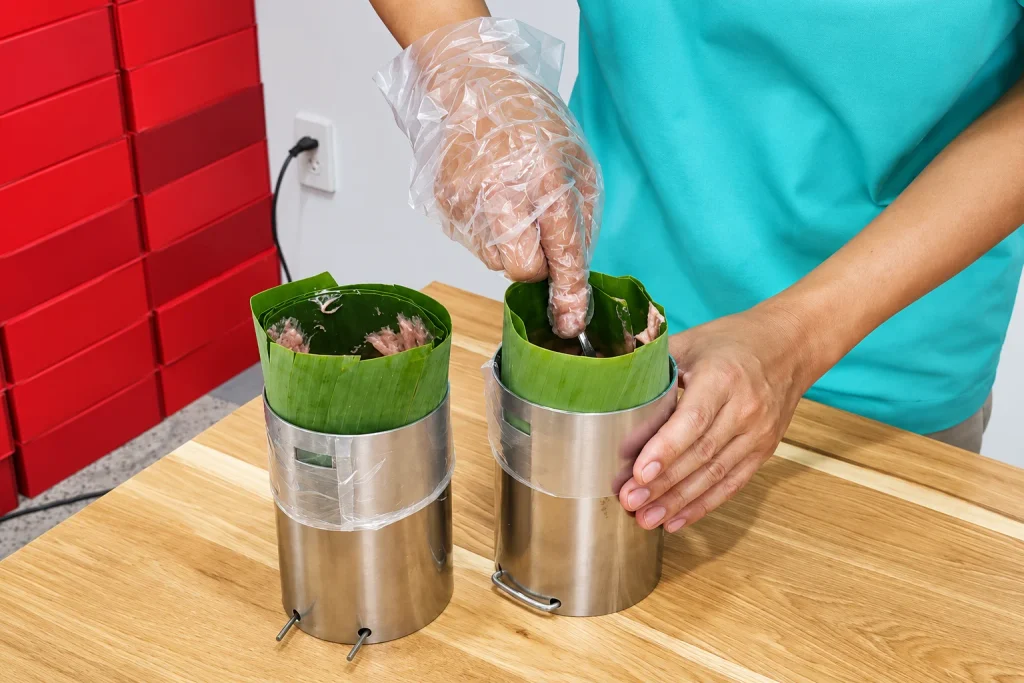 Cho giò sống vào trong khoanh lót lá chuối để hấp
