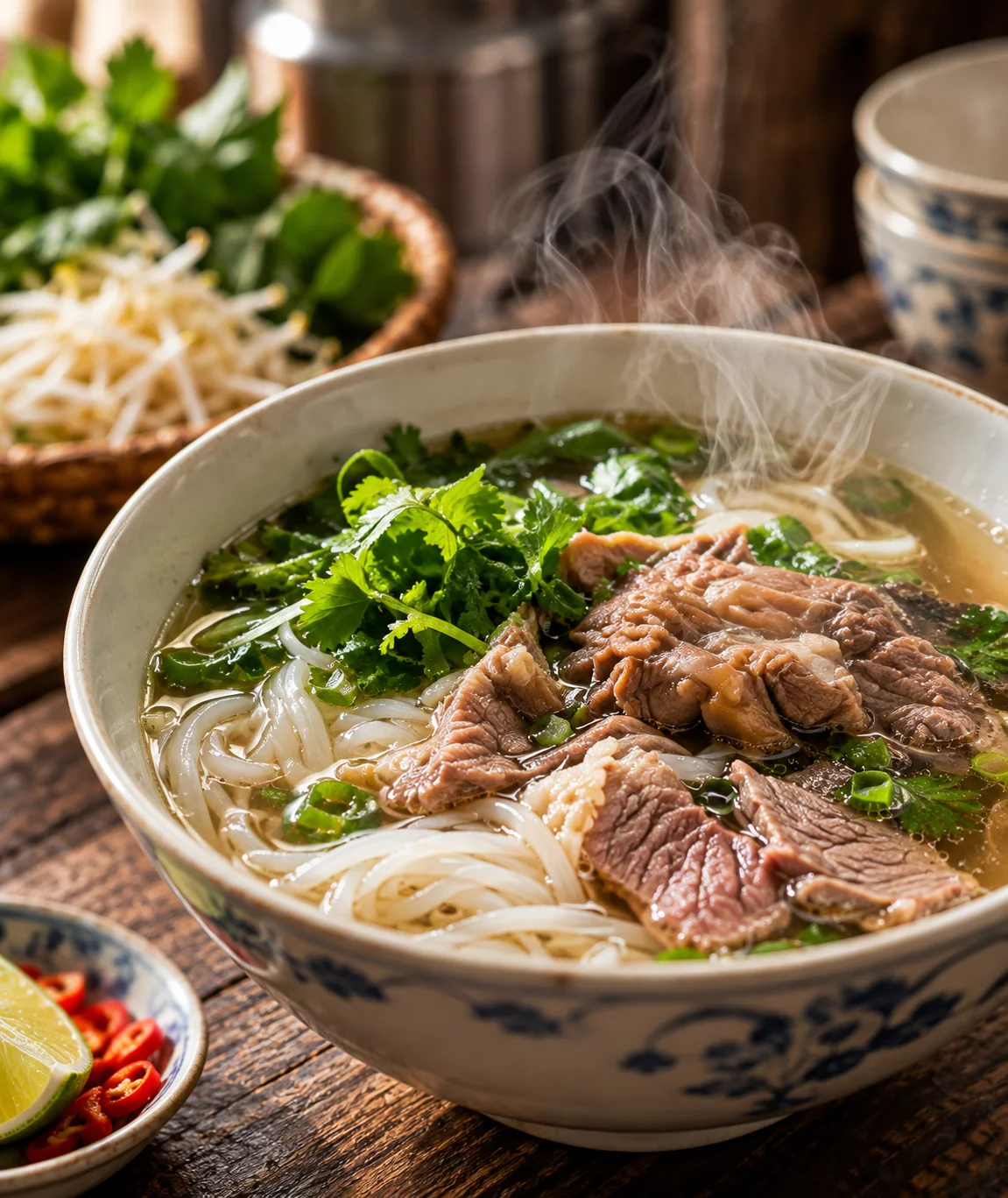 Bát phở nóng dùng nước mắm Huệ Bông cho quán