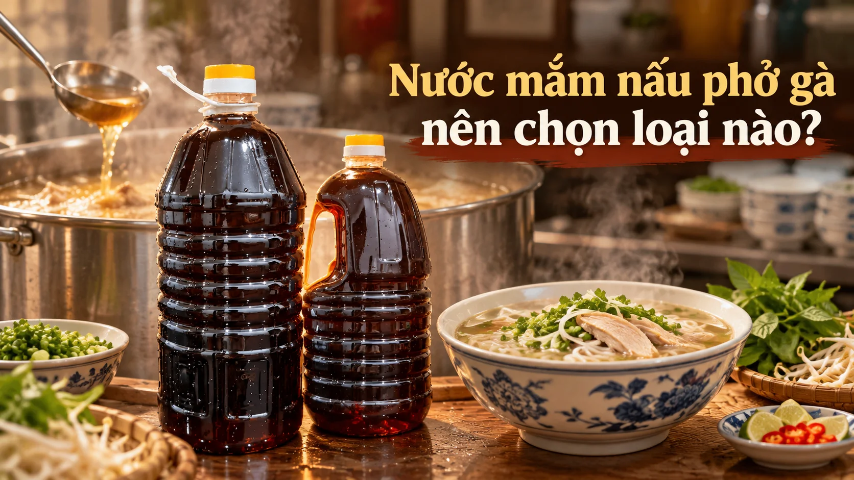Nước mắm nấu phở gà Huệ Bông với nồi nước dùng và bát phở gà