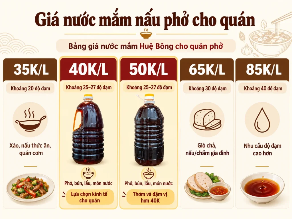 Bảng giá nước mắm Huệ Bông từ 35K đến 85K theo độ đạm và mục đích sử dụng