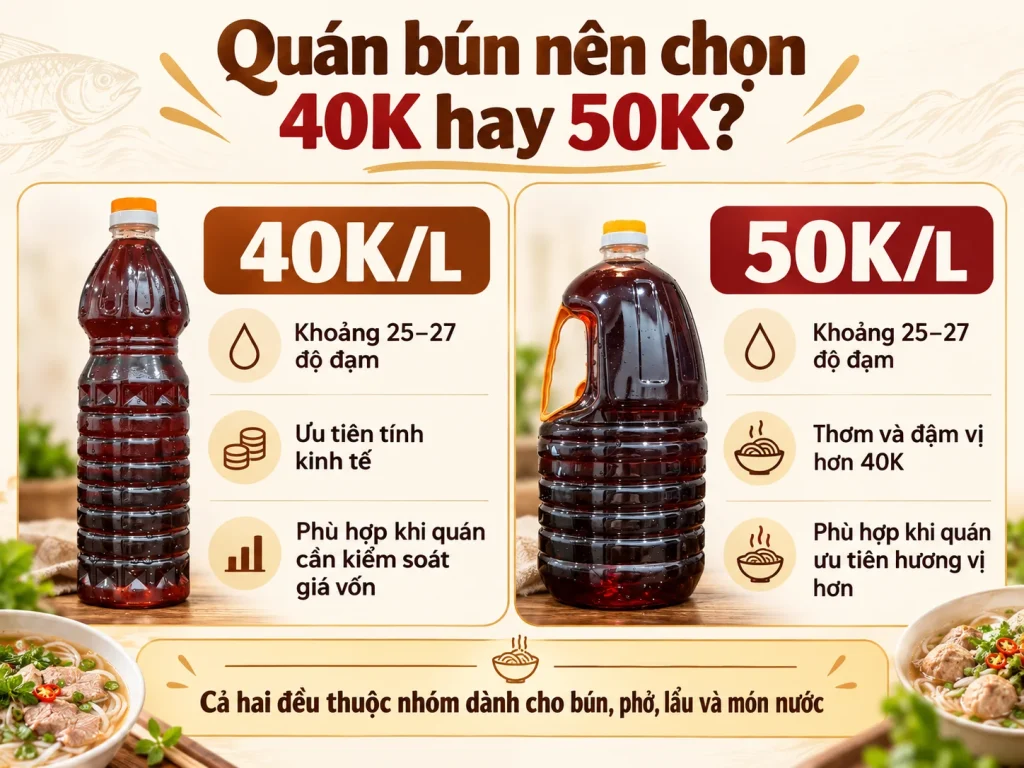 So sánh nước mắm 40K và 50K cho quán bún nước Huệ Bông