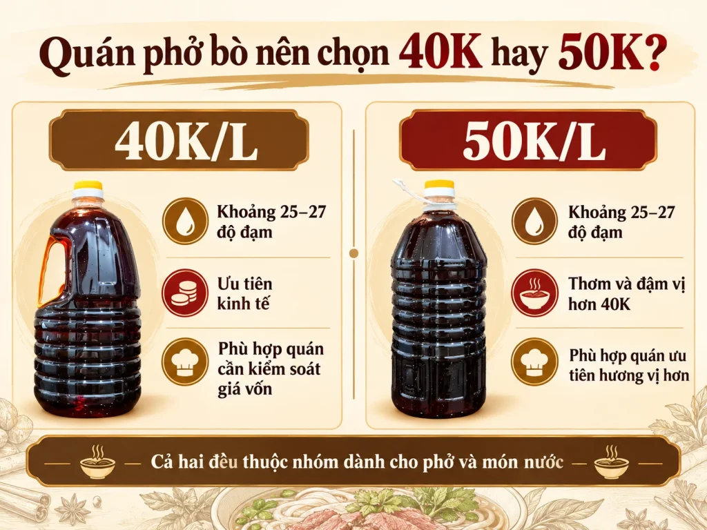 So sánh nước mắm 40K và 50K cho quán phở bò Huệ Bông