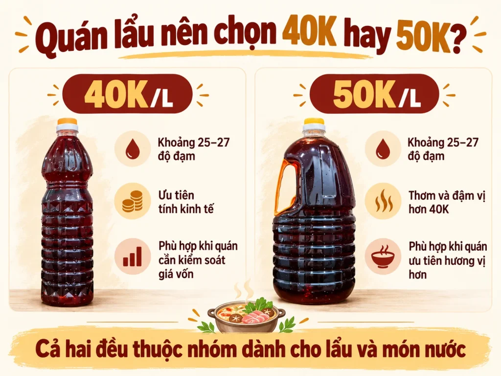 So sánh nước mắm 40K và 50K cho quán lẩu Huệ Bông