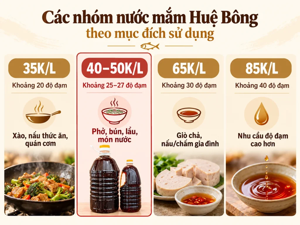 Các nhóm nước mắm Huệ Bông theo mục đích sử dụng và độ đạm