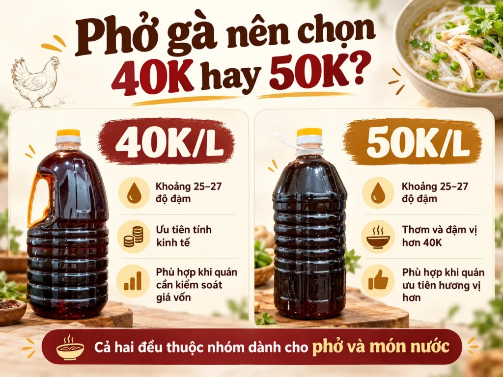 So sánh nước mắm 40K và 50K cho quán phở gà Huệ Bông