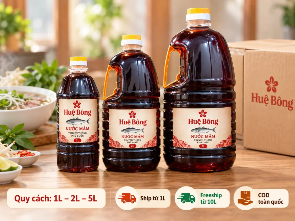 1. Quy cách nước mắm Huệ Bông 1L 2L 5L, ship từ 1L, freeship từ 10L và COD toàn quốc