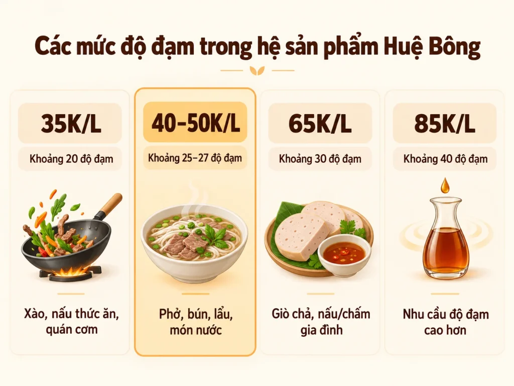 Các mức độ đạm nước mắm Huệ Bông từ 20 đến 40 độ