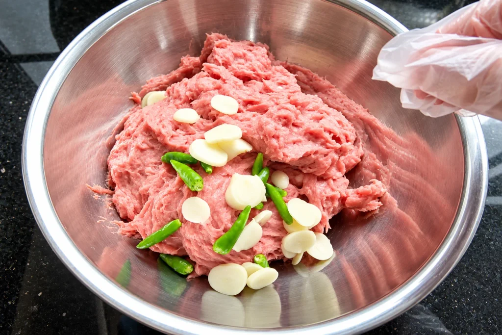 Cho tỏi và ớt vào giò sống bò, trộn đều